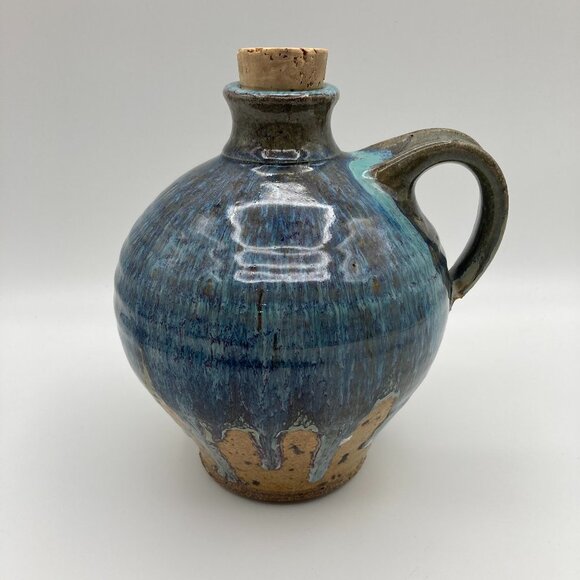 Unique Vintage Rare Pottery Jug Clay Whiskey Jug With Cork Stopper Singed Bottom - Picture 1 of 7